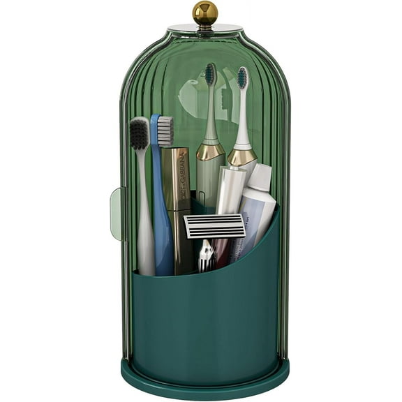 Dustproof Toothbrush Holders with Cover, Rotating Electric Toothbrush and Toothpaste Holder for Bathroom Countertop, 3 Slots Makeup Brushes Organizer, All Green