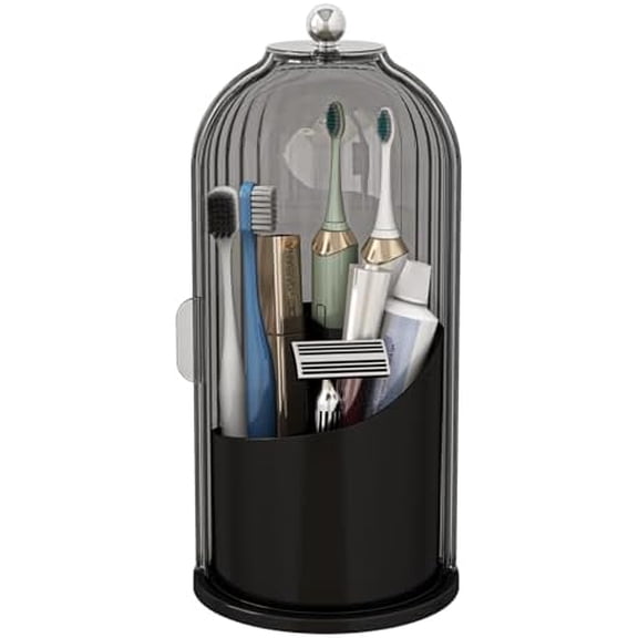 Dustproof Toothbrush Holders with Cover, Rotating Electric Toothbrush and Toothpaste Holder for Bathroom Countertop, 3 Slots Makeup Brushes Organizer, Grey Black