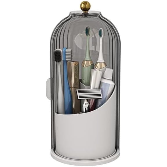 Dustproof Toothbrush Holders with Cover, Rotating Electric Toothbrush and Toothpaste Holder for Bathroom Countertop, 3 Slots Makeup Brushes Organizer, Grey White