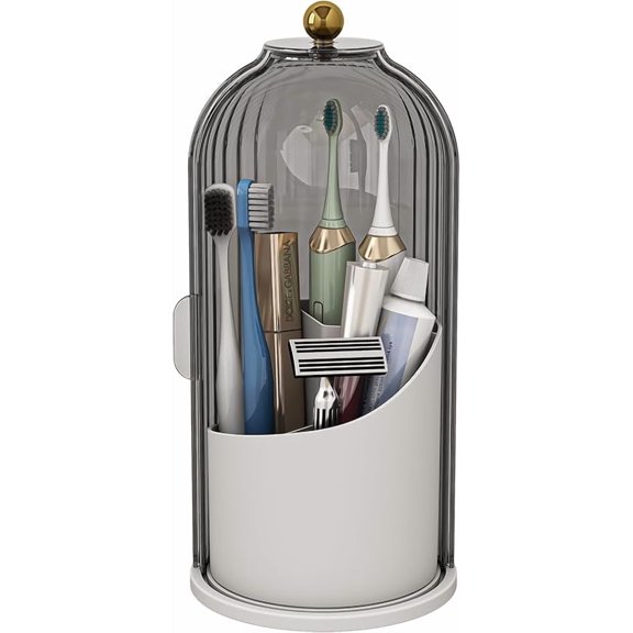 Dustproof Toothbrush Holders with Cover, Rotating Electric Toothbrush and Toothpaste Holder for Bathroom Countertop, 3 Slots Makeup Brushes Organizer, Grey White