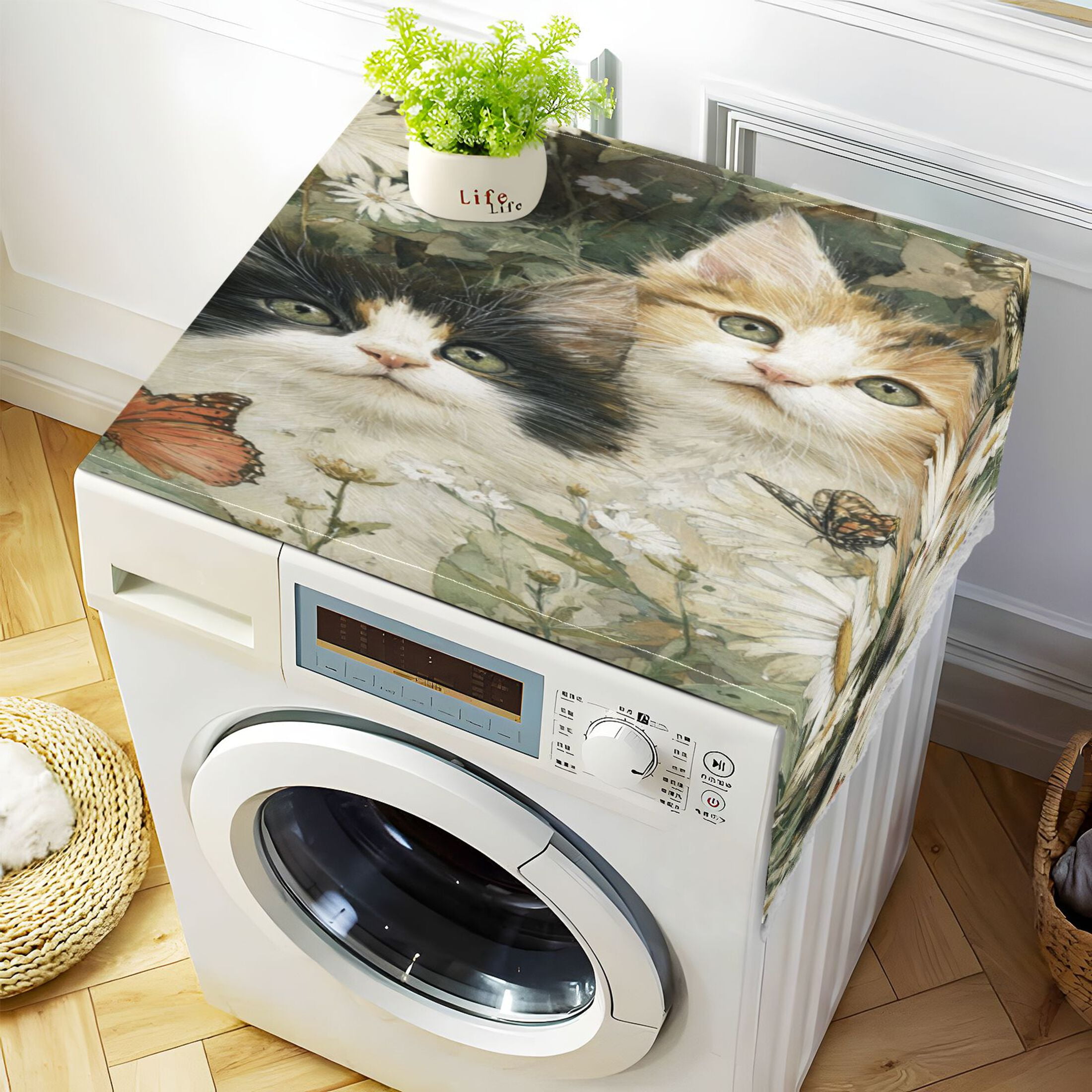 Dustproof Washing Machine Cloth Washer and Dryer Top Covers, Fridge Dust Cover, With Storage Bags Adorable Cats and Daisies