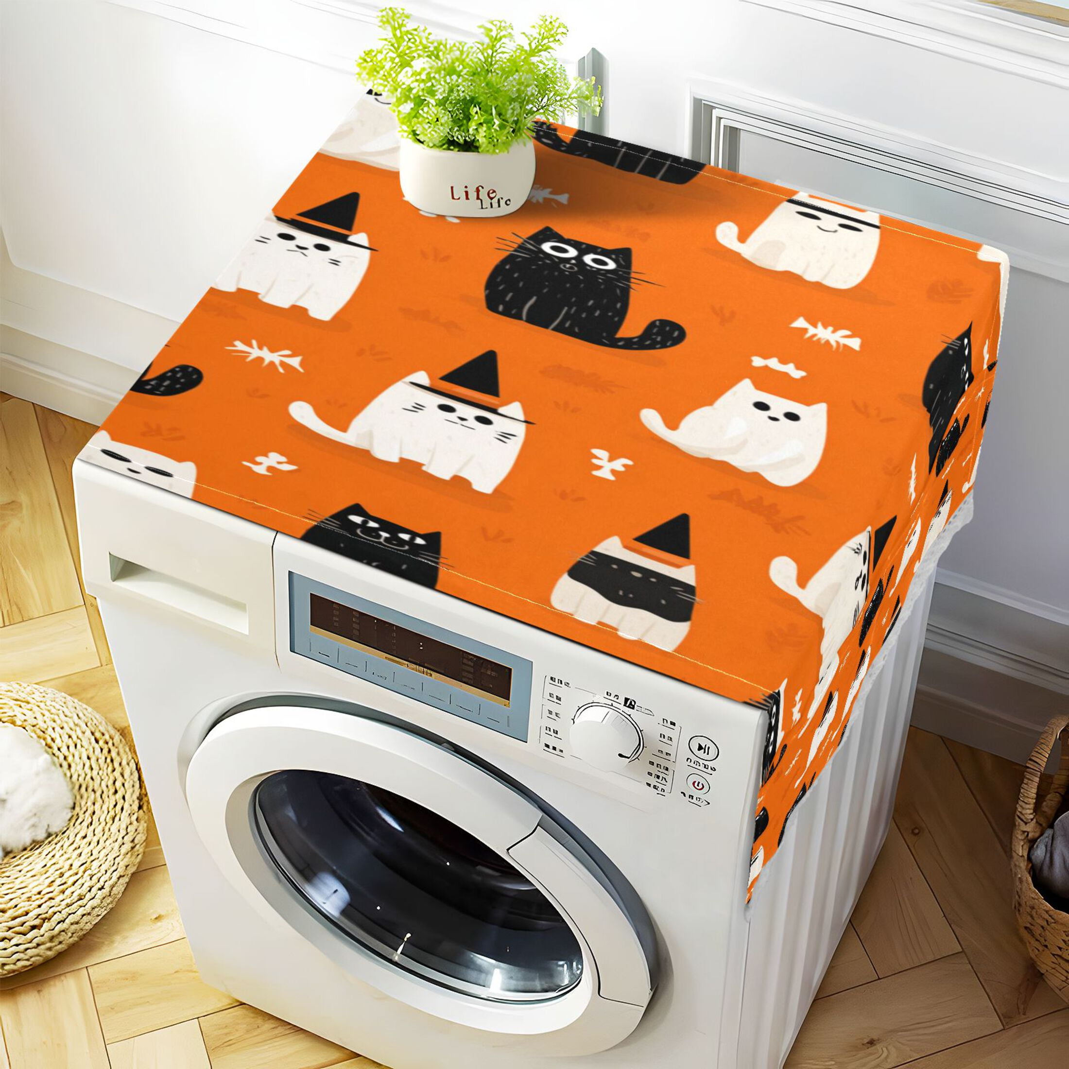 Dustproof Washing Machine Cloth Washer and Dryer Top Covers, Fridge Dust Cover, With Storage Bags Black Cat and White Cat