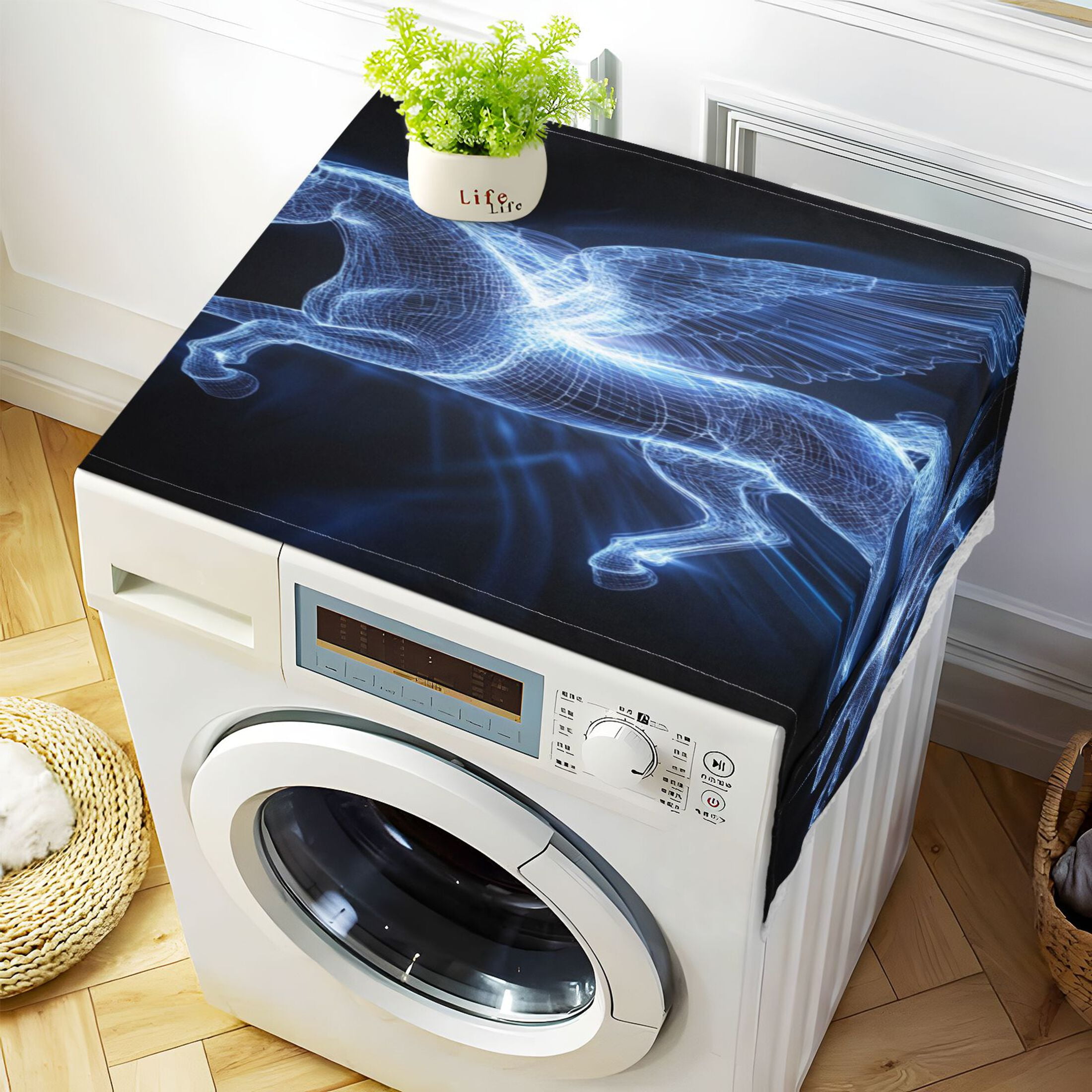 Dustproof Washing Machine Cloth Washer and Dryer Top Covers, Fridge Dust Cover, With Storage Bags Blue Light Effect Pegasus