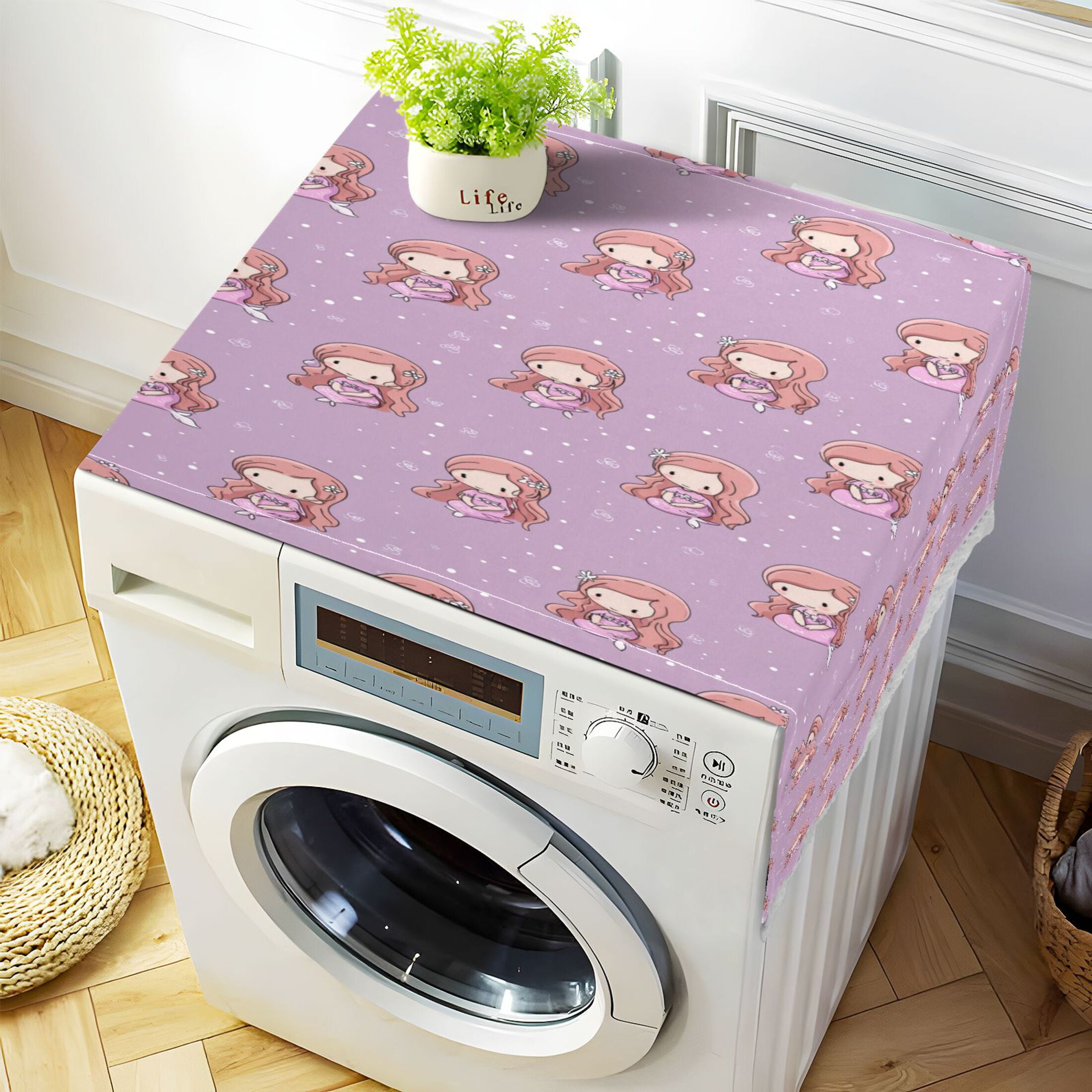 Dustproof Washing Machine Cloth Washer and Dryer Top Covers, Fridge Dust Cover, With Storage Bags Cartoon Mermaid Pattern