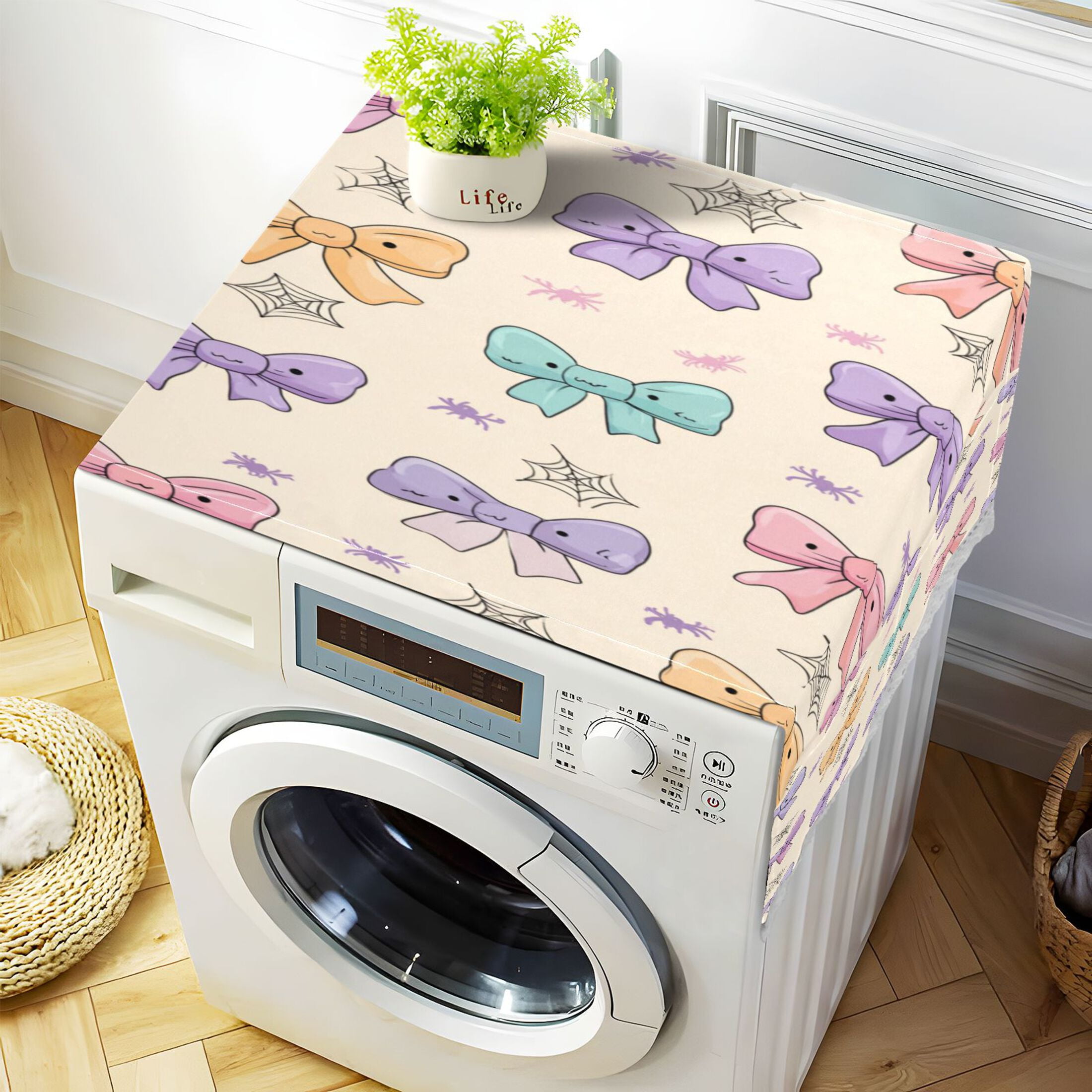 Dustproof Washing Machine Cloth Washer and Dryer Top Covers, Fridge Dust Cover, With Storage Bags Colorful Bow Pattern