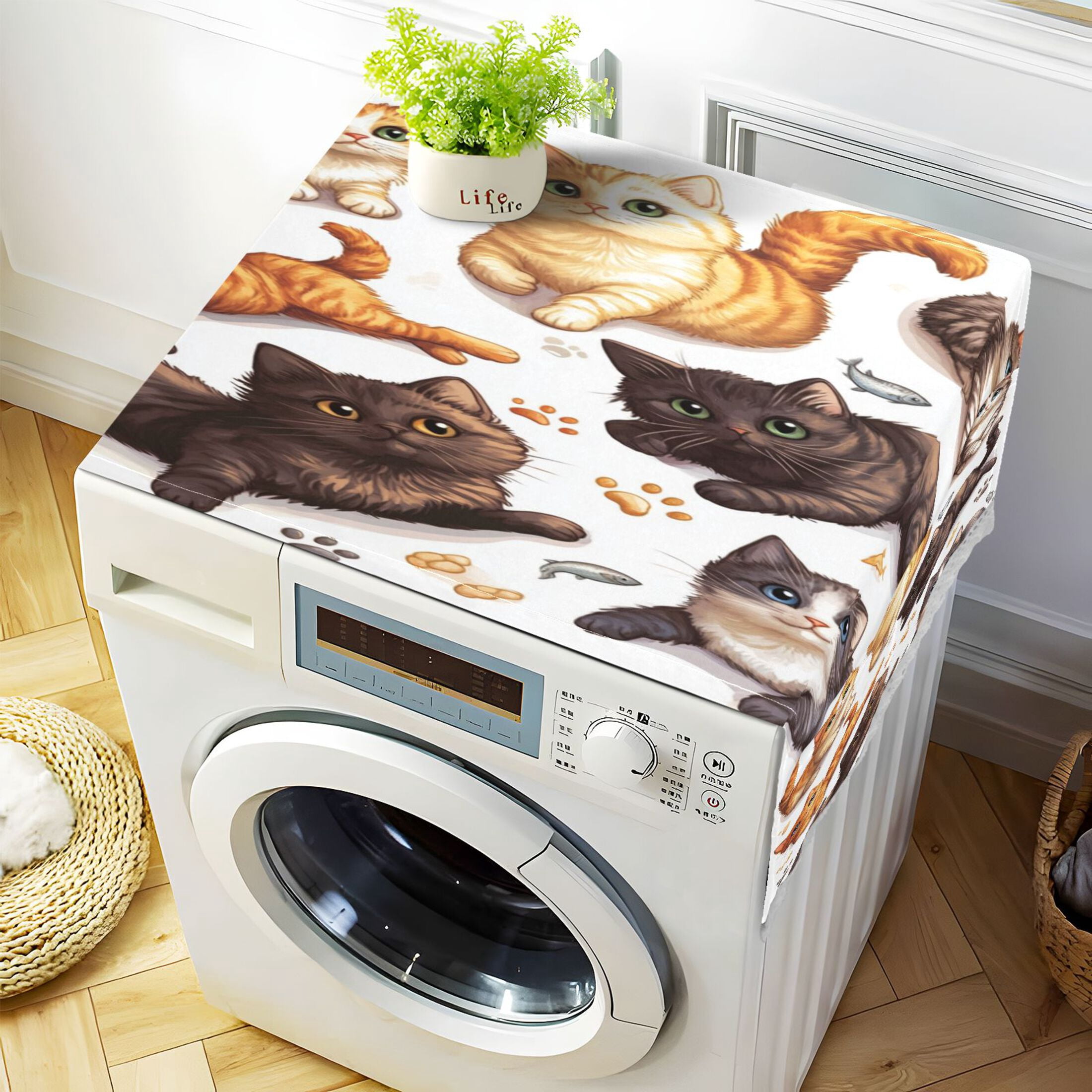 Dustproof Washing Machine Cloth Washer and Dryer Top Covers, Fridge Dust Cover, With Storage Bags Colorful Cartoon Cats
