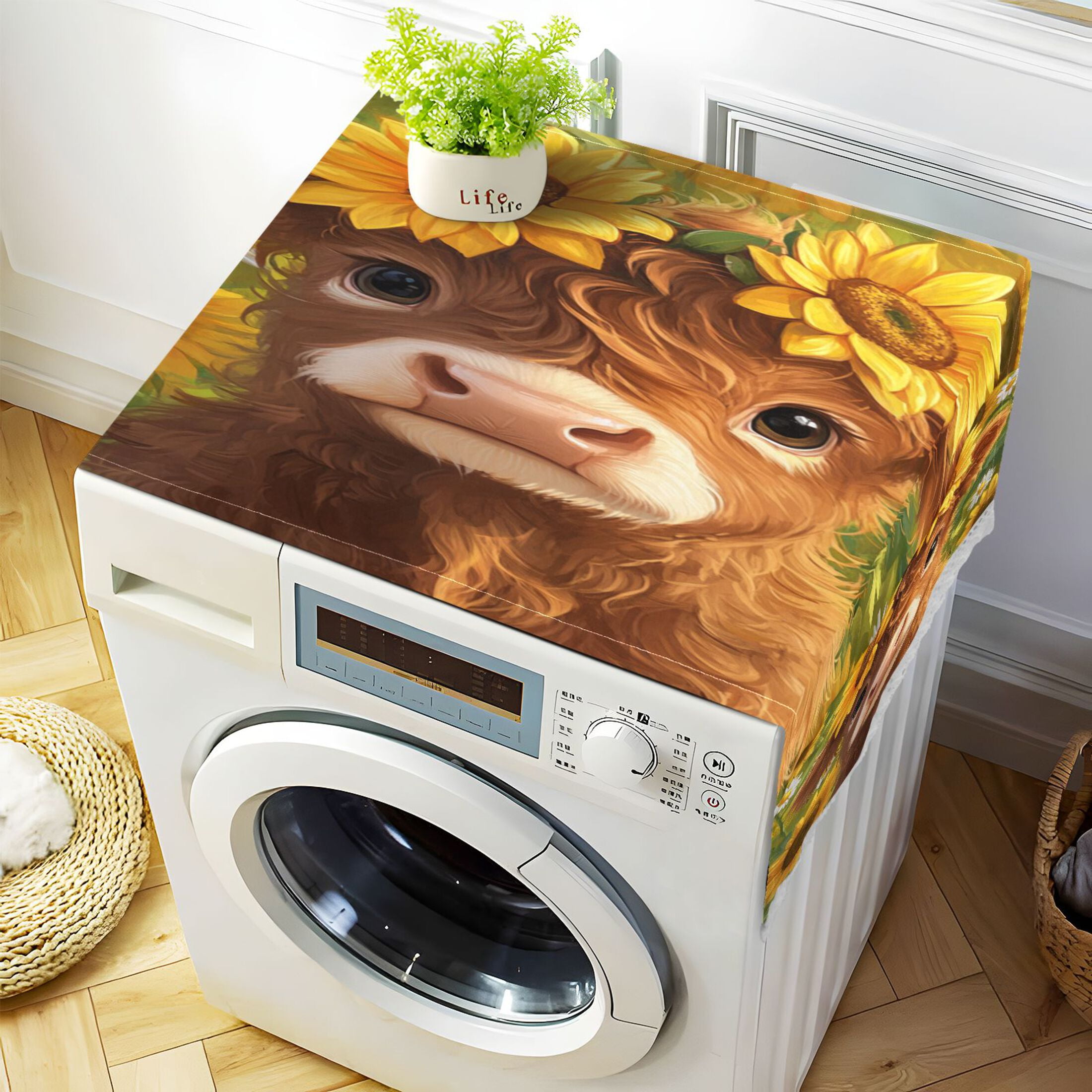 Dustproof Washing Machine Cloth Washer and Dryer Top Covers, Fridge Dust Cover, With Storage Bags Cute Highland Cow