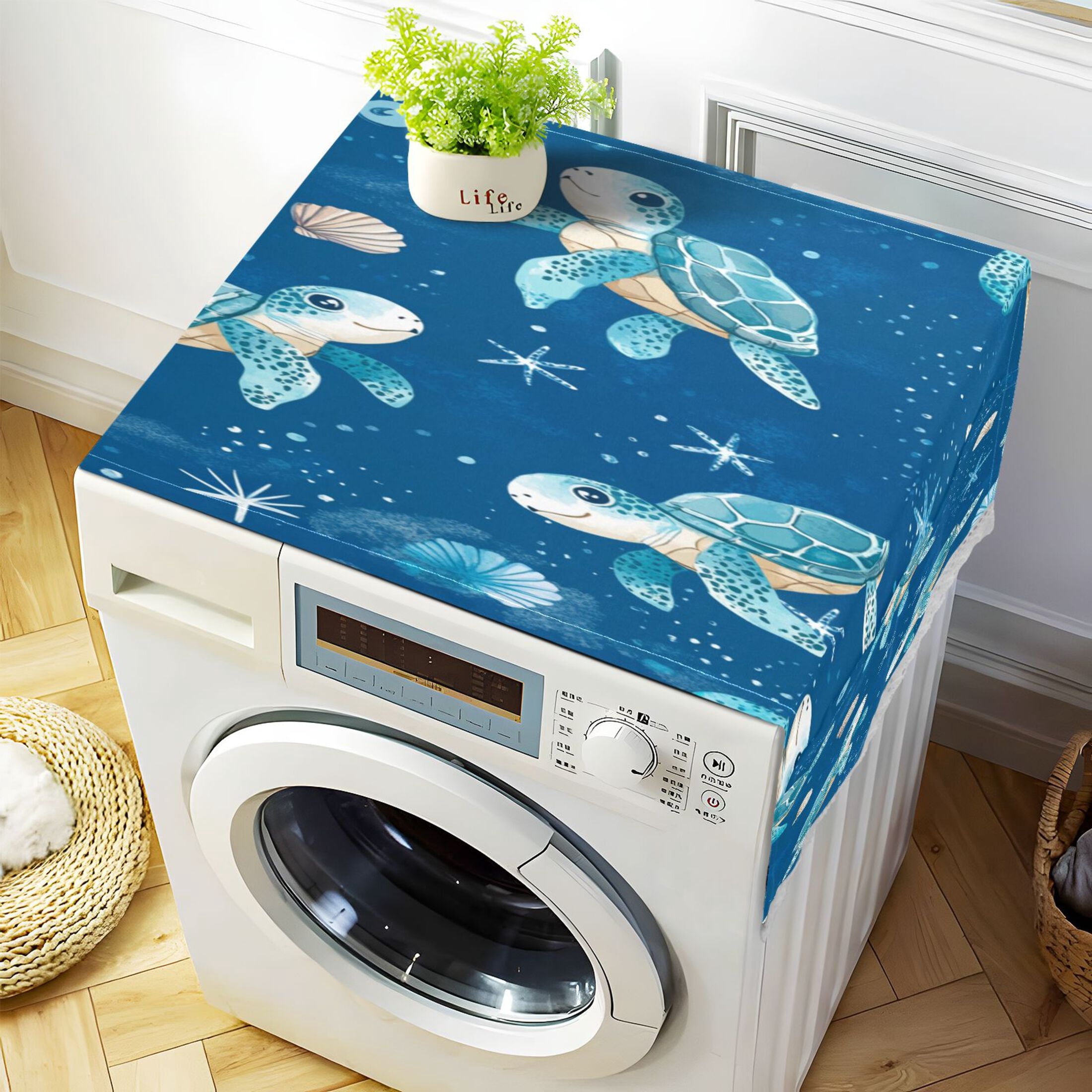 Dustproof Washing Machine Cloth Washer and Dryer Top Covers, Fridge Dust Cover, With Storage Bags Cute Turtles Pattern