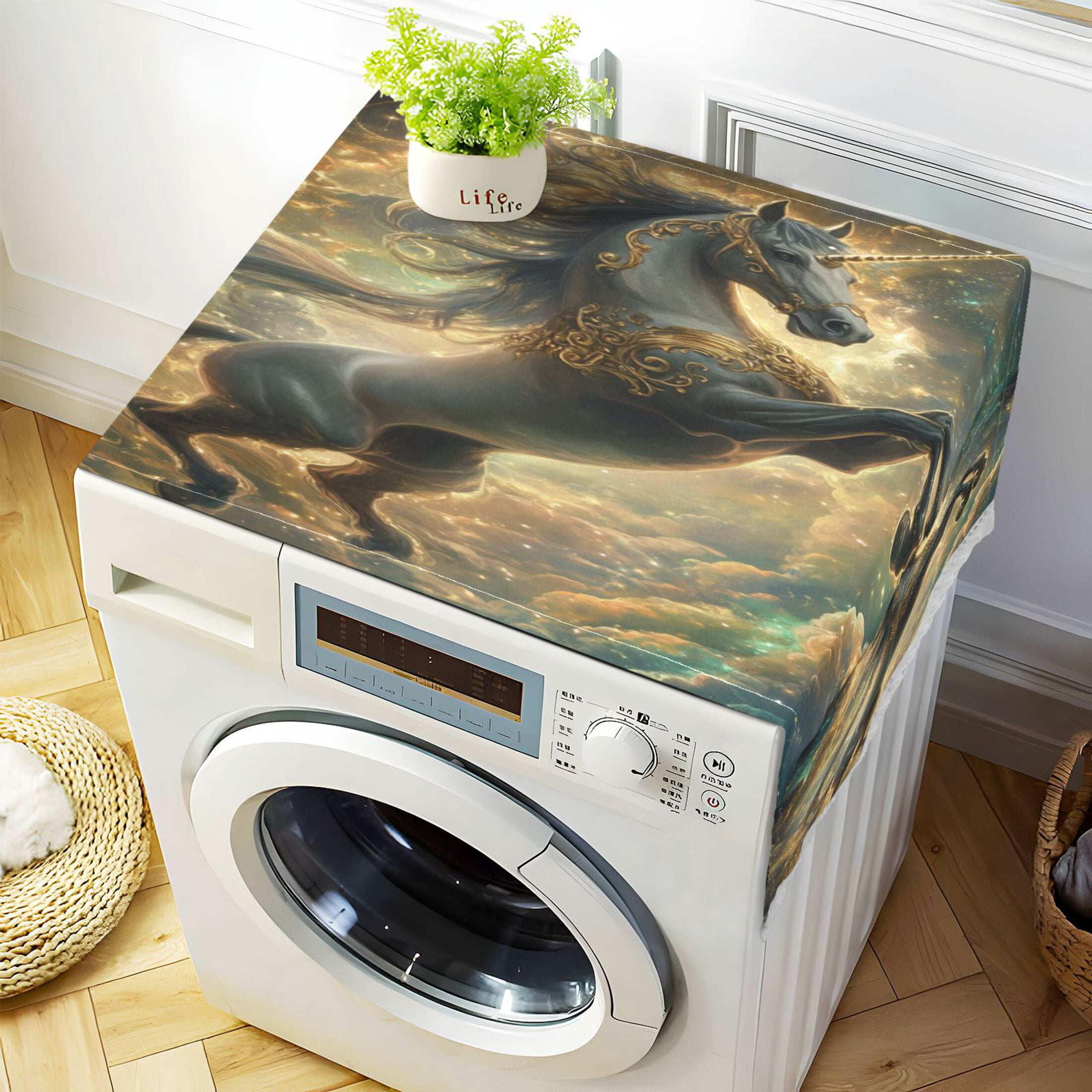 Dustproof Washing Machine Cloth Washer and Dryer Top Covers, Fridge Dust Cover, With Storage Bags Noble and Elegant Horse