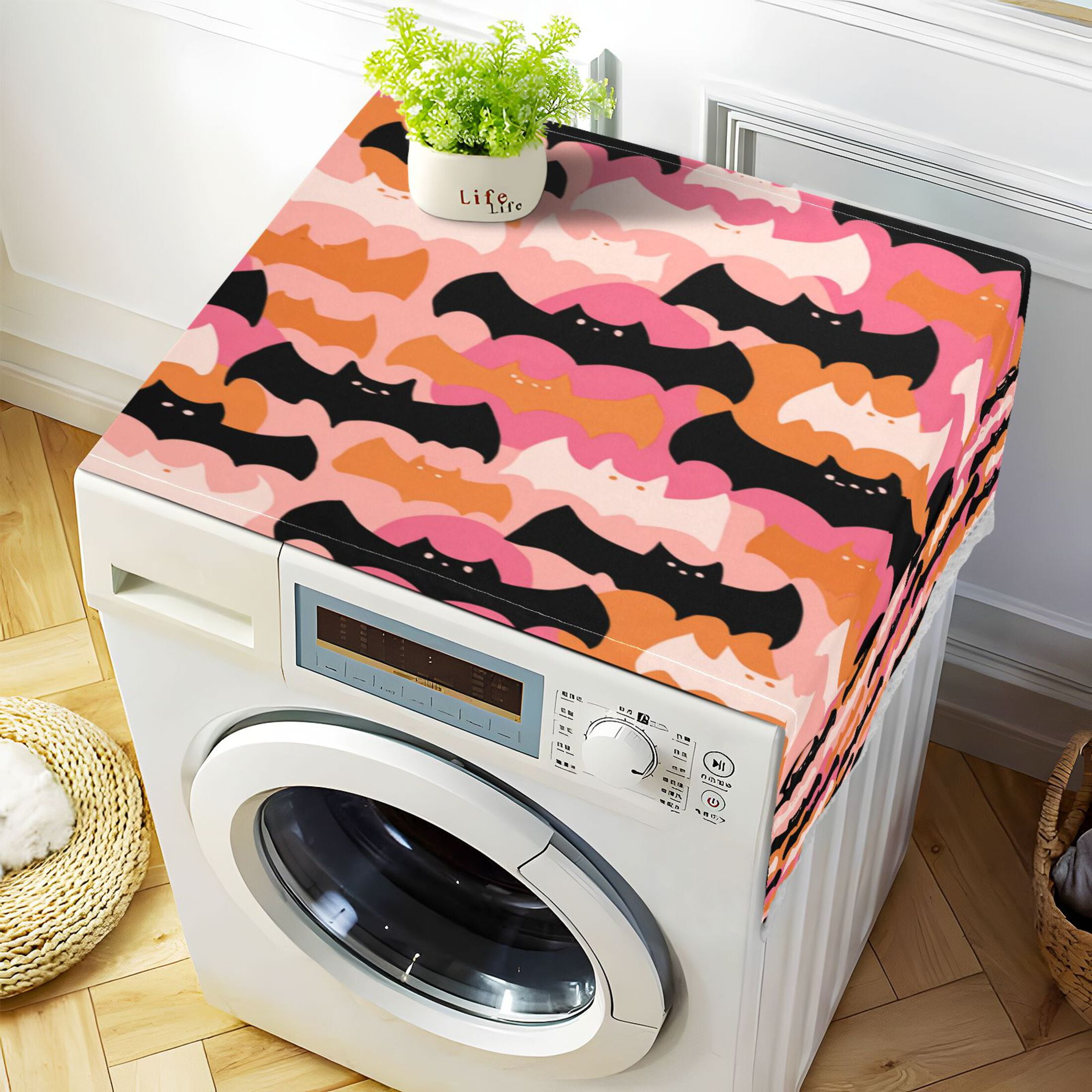 Dustproof Washing Machine Cloth Washer and Dryer Top Covers, Fridge Dust Cover, With Storage Bags Orange and Black Bats