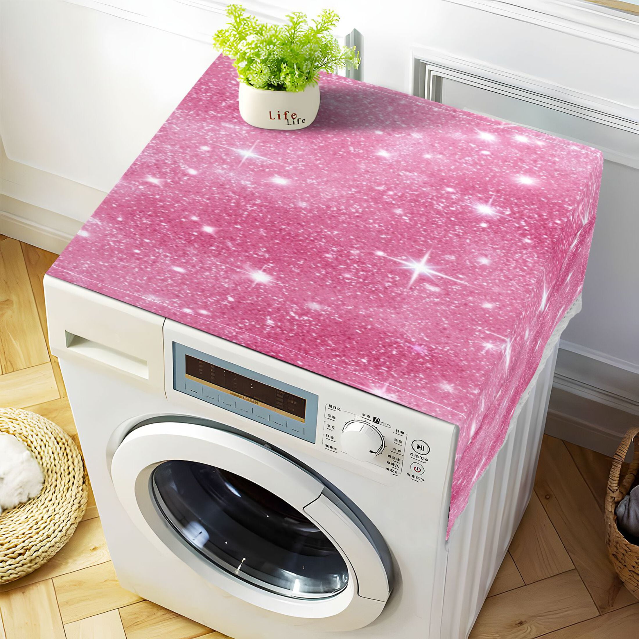 Dustproof Washing Machine Cloth Washer and Dryer Top Covers, Fridge Dust Cover, With Storage Bags Pink Glitter Background