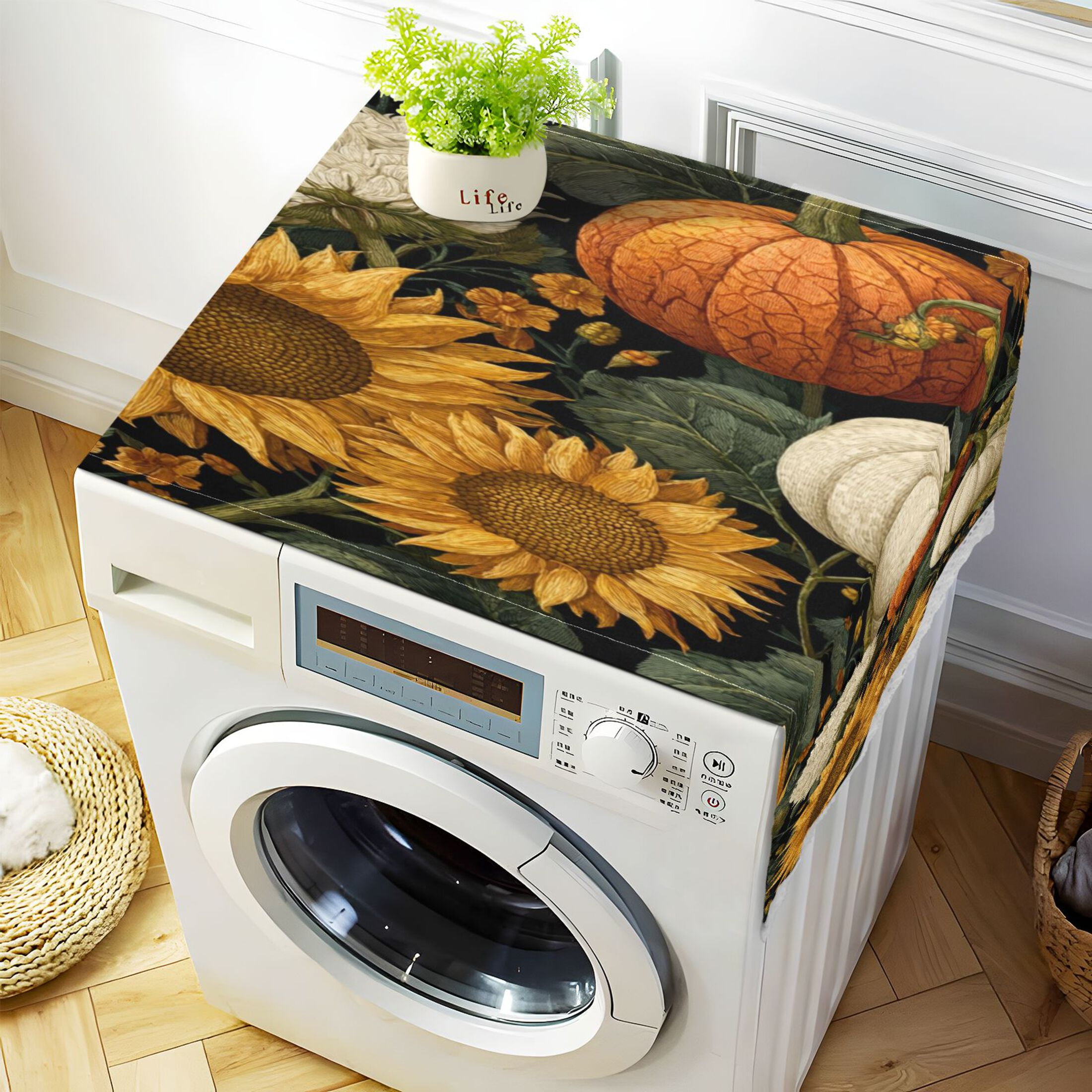 Dustproof Washing Machine Cloth Washer and Dryer Top Covers, Fridge Dust Cover, With Storage Bags Pumpkins and Sunflowers Pattern