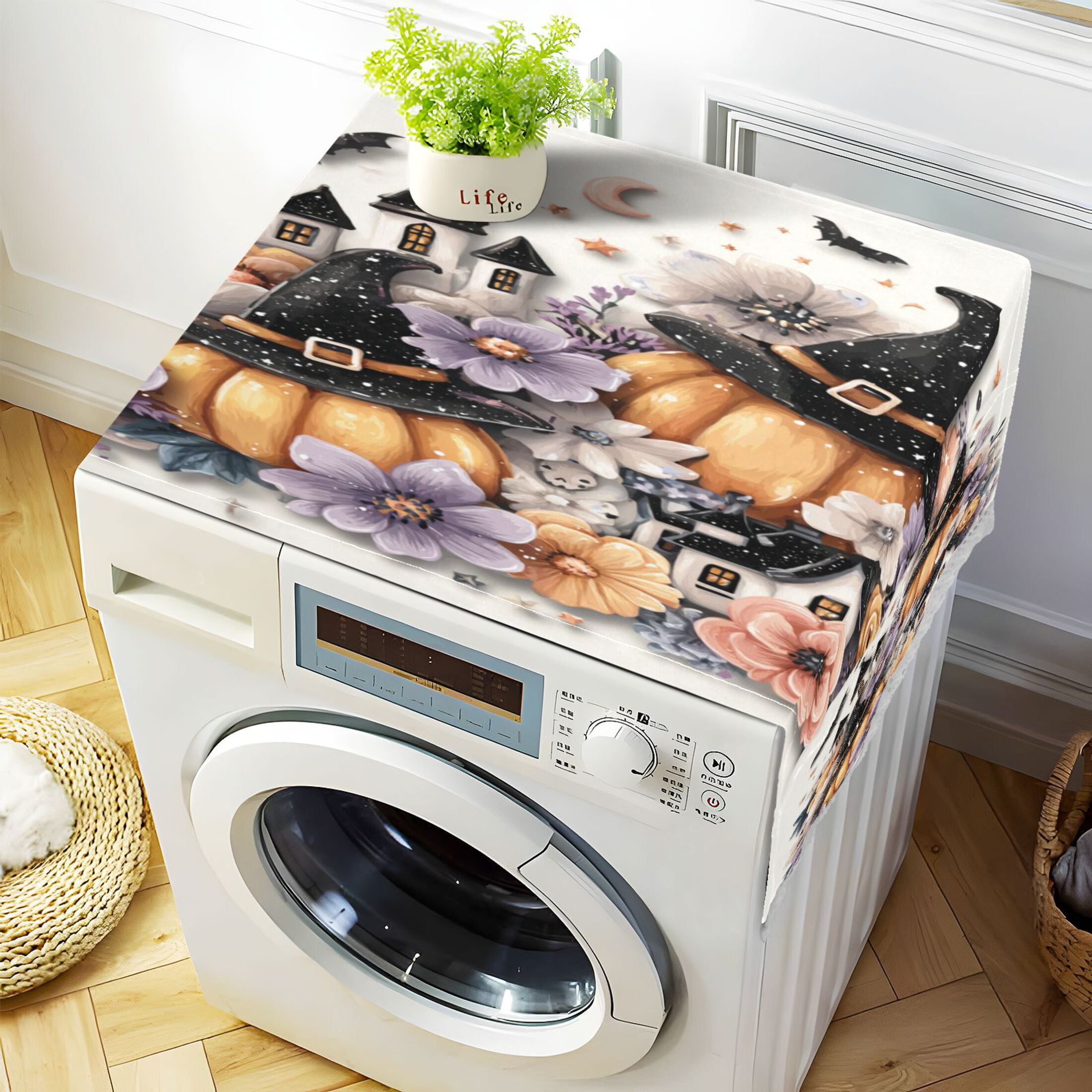 Dustproof Washing Machine Cloth Washer and Dryer Top Covers, Fridge Dust Cover, With Storage Bags Pumpkins and Witch Hats