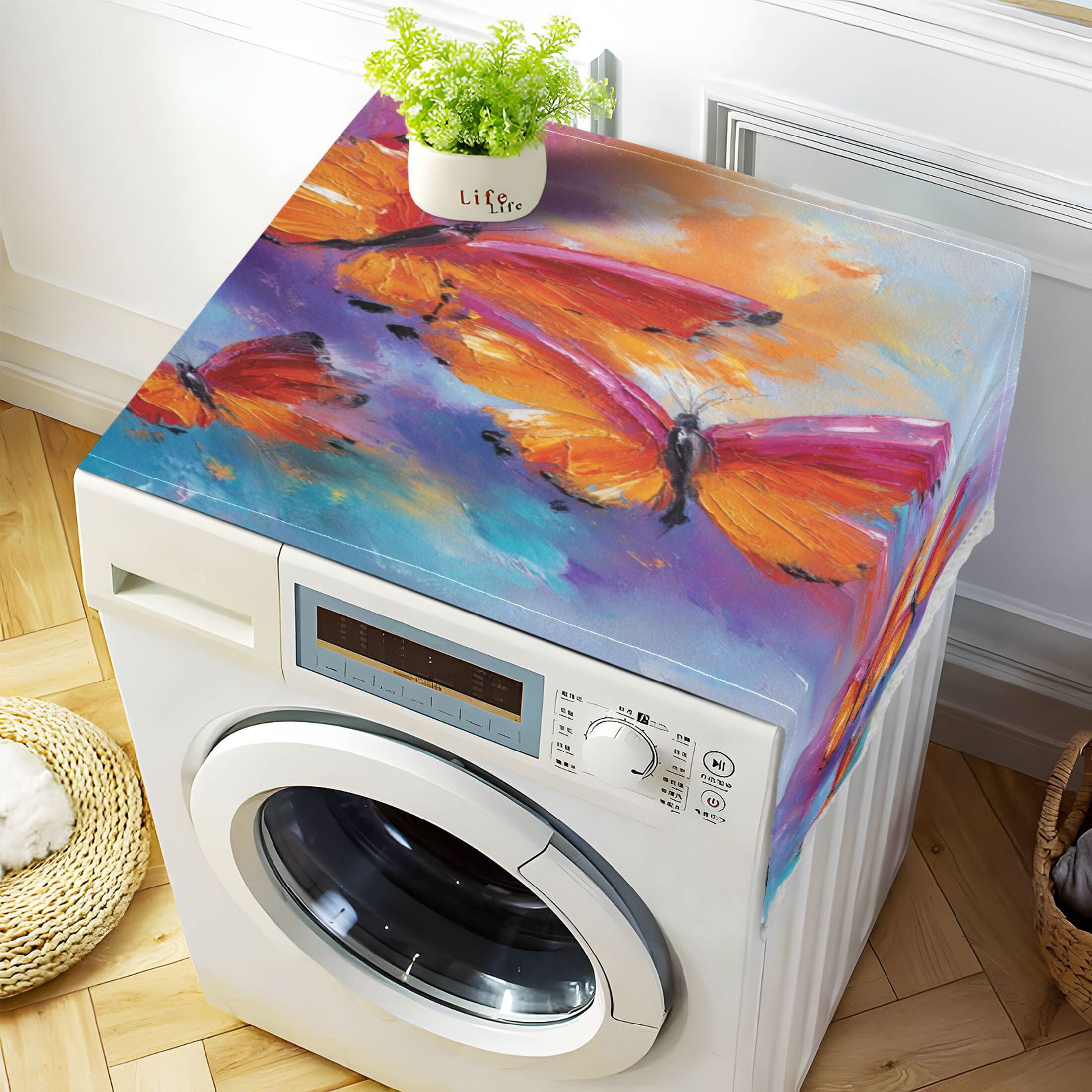 Dustproof Washing Machine Cloth Washer and Dryer Top Covers, Fridge Dust Cover, With Storage Bags Red and Orange Butterflies