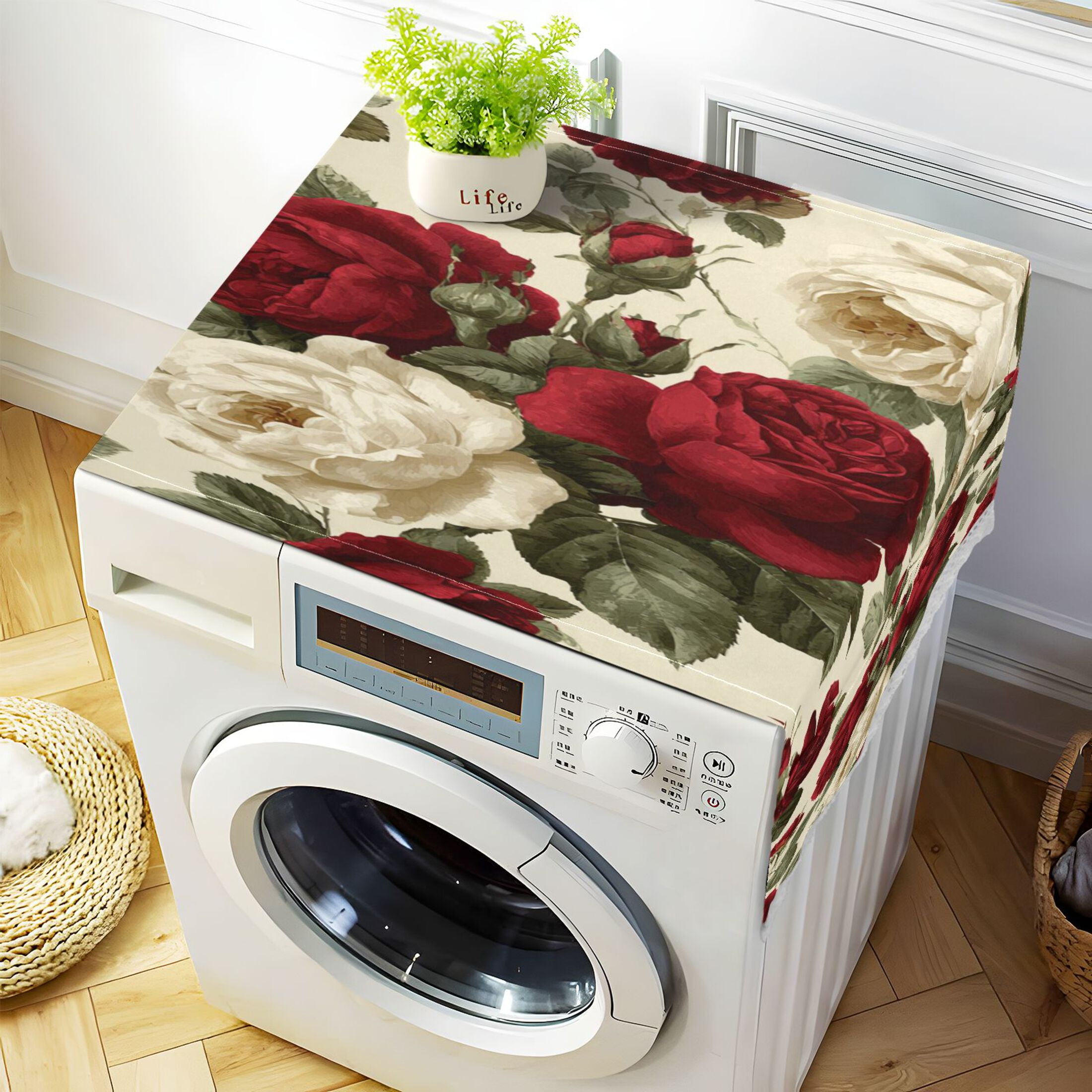 Dustproof Washing Machine Cloth Washer and Dryer Top Covers, Fridge Dust Cover, With Storage Bags Red and White Roses