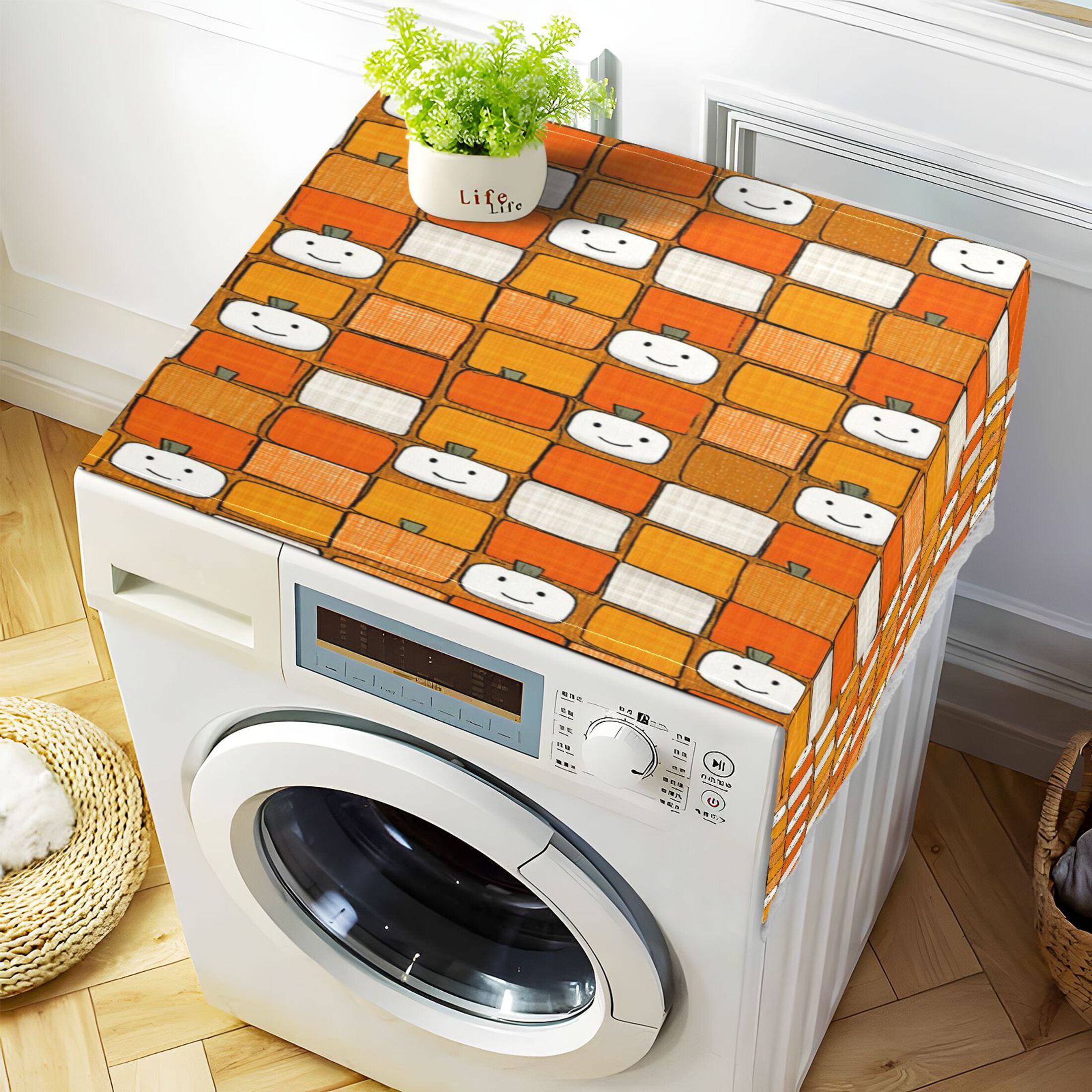 Dustproof Washing Machine Cloth Washer and Dryer Top Covers, Fridge Dust Cover, With Storage Bags Squares with Smiling Pumpkins