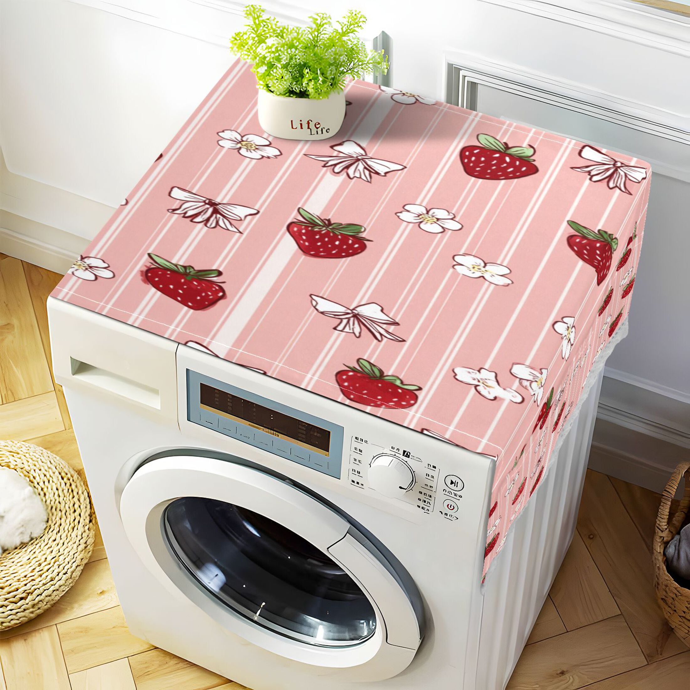 Dustproof Washing Machine Cloth Washer and Dryer Top Covers, Fridge Dust Cover, With Storage Bags Strawberry and Flower