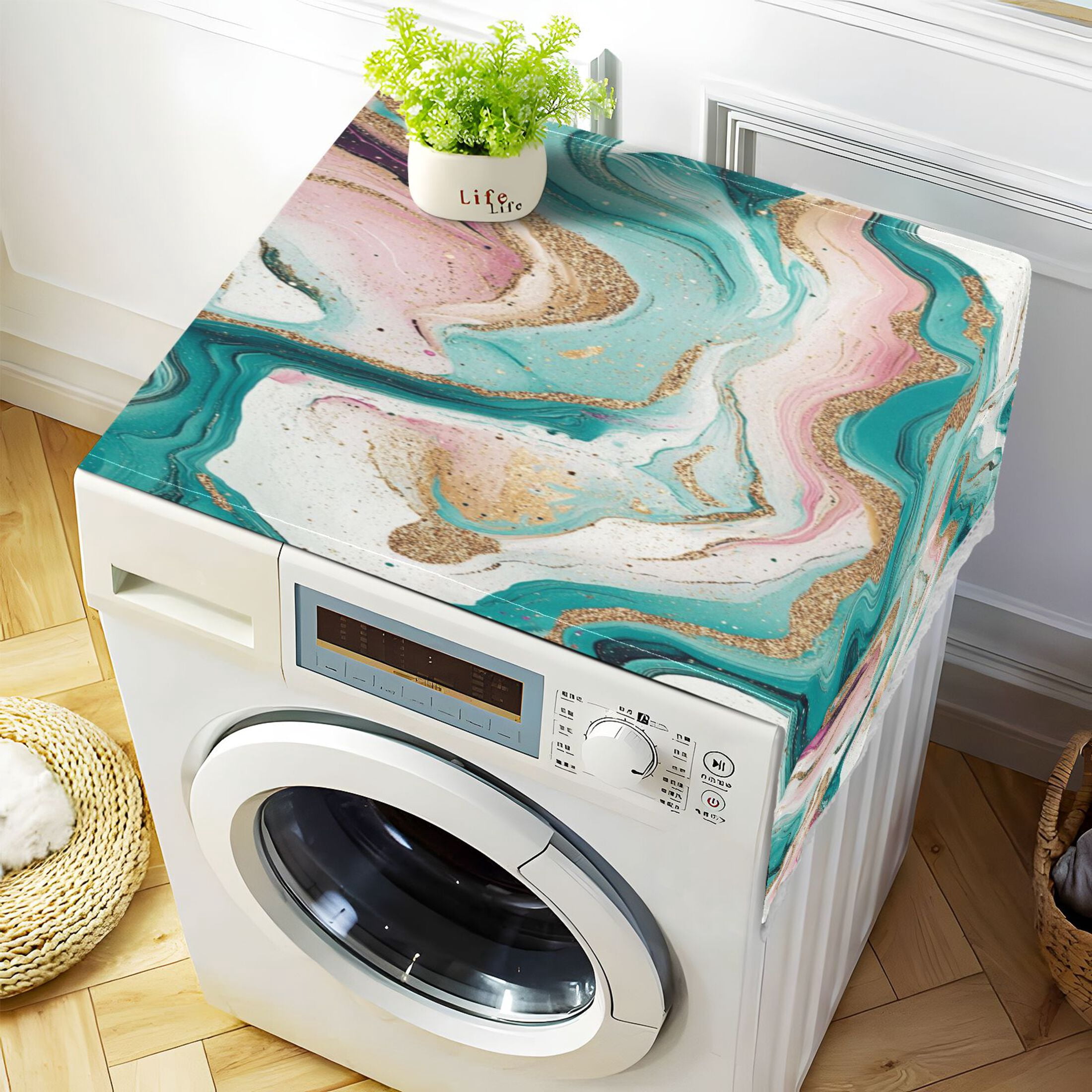 Dustproof Washing Machine Cloth Washer and Dryer Top Covers, Fridge Dust Cover, With Storage Bags Teal Swirling Marble Pattern
