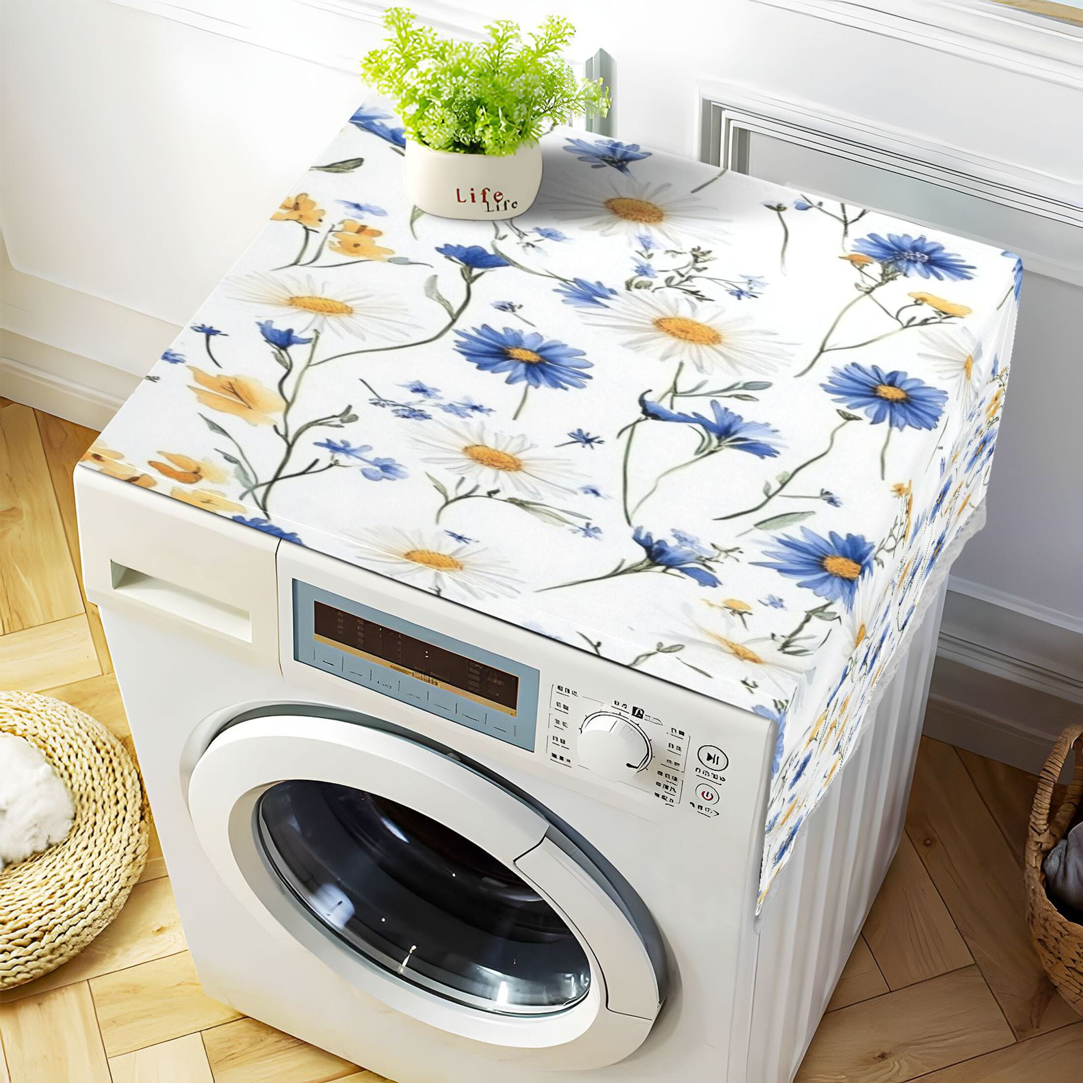 Dustproof Washing Machine Cloth Washer and Dryer Top Covers, Fridge Dust Cover, With Storage BagsBlue and Yellow Wildflowers