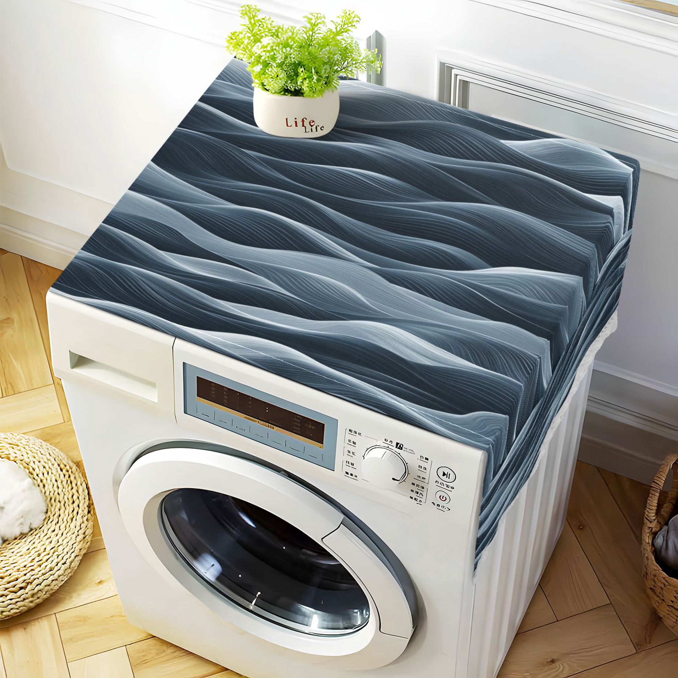 Dustproof Washing Machine Cloth Washer and Dryer Top Covers, Fridge Dust Cover, With Storage BagsNavy Blue Waves