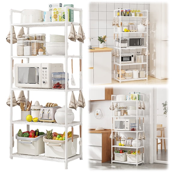 Dustsred 57.8in-Tall Narrow Storage Shelves 5-Tiers Bookshelf Organizer with Hooks Standing Display Rack Load 66lbs for Kitchen Laundry Bathroom Closet Pantry Garage White