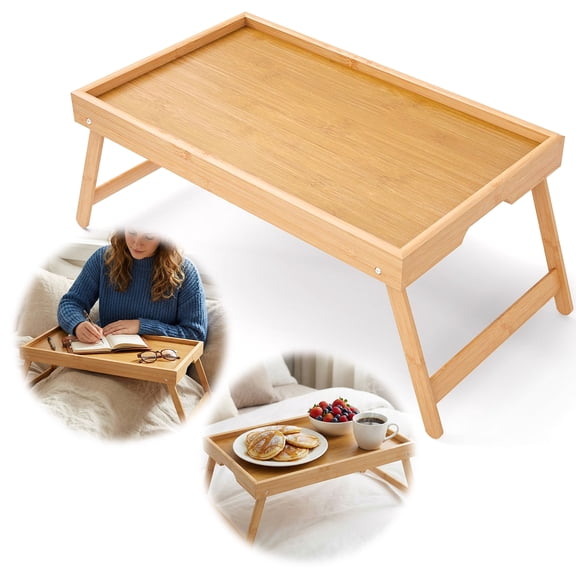 Dustsred Bed Tray Table with Folding Legs Bamboo Kitchen Serving Trays Laptop Desk Plate Tables for Sofa, Eating, Working (Natural)