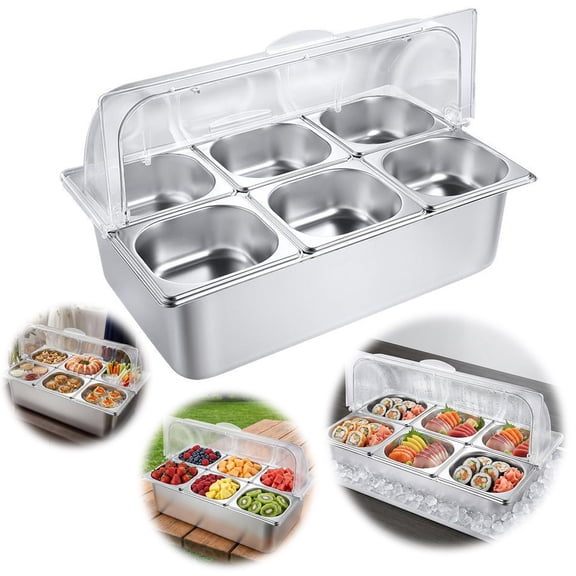 Dustsred Countertop Food Display Container Steel 6 Pan Portable Buffet Serving Condiment Dispenser Trays with Clear Roll Top Cover (Silver 20.8inches-L)