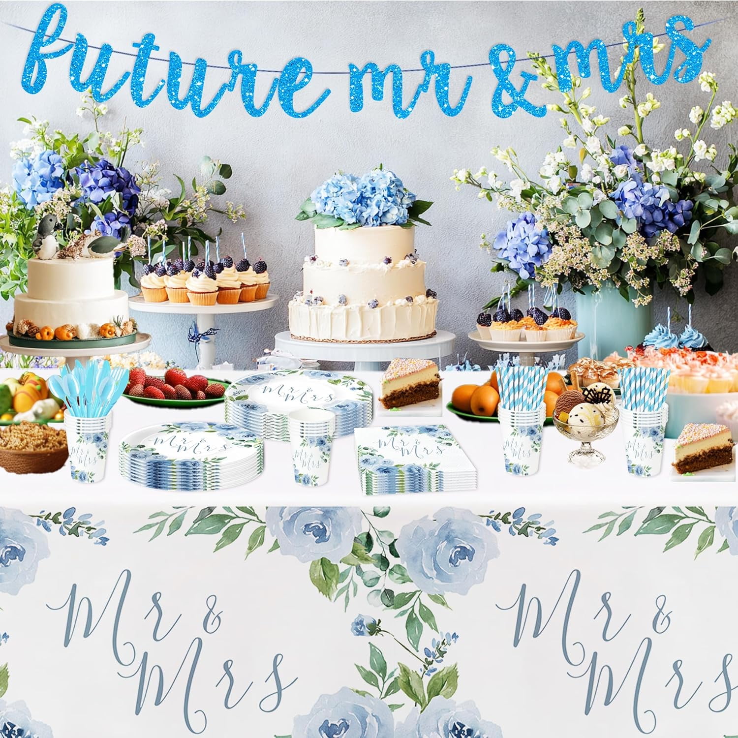 Dusty Ble Mr and Mrs Bridal Shower Decorations Tablecloth, Something ...