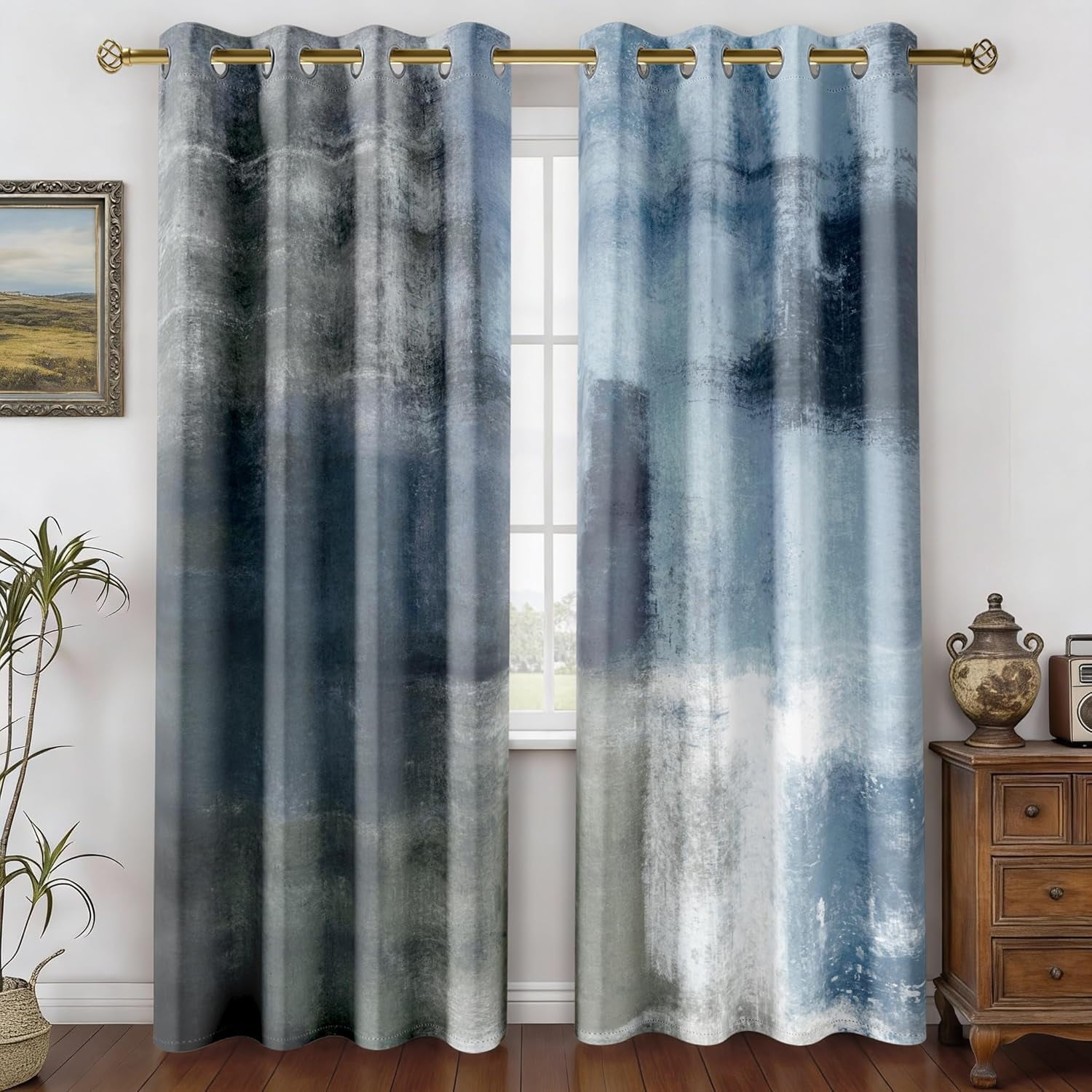 Dusty Blue Abstract Curtains 2 Panels Set Navy Grey Geometric Curtain ...