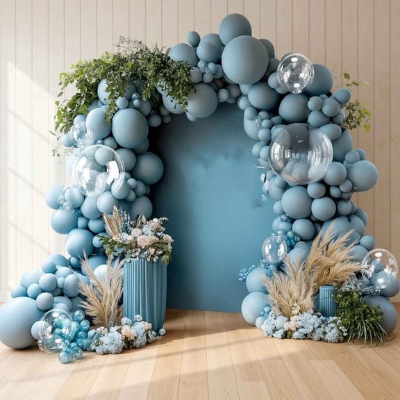 Dusty Blue Balloon Arch, Double Stuffed Haze Blue Latex Balloons with Clear Balloons for Party Decorations