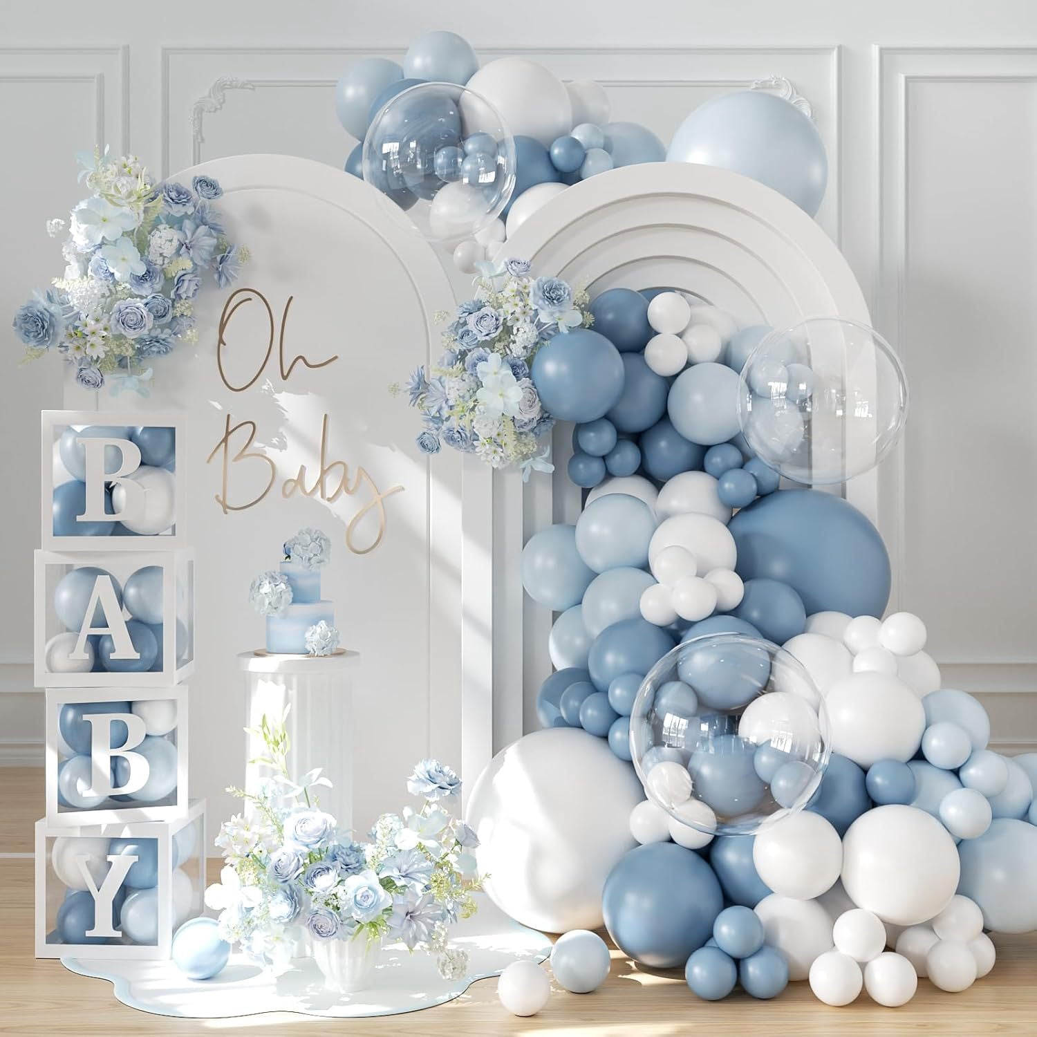 Dusty Blue Balloon Arch Kit 144Pcs Dusty Blue and White Balloon Arch Garland Kit Include Dusty Blue White Pastel Blue Clear Balloons for Birthday Wedding Baby Shower Bridal Party Decorations