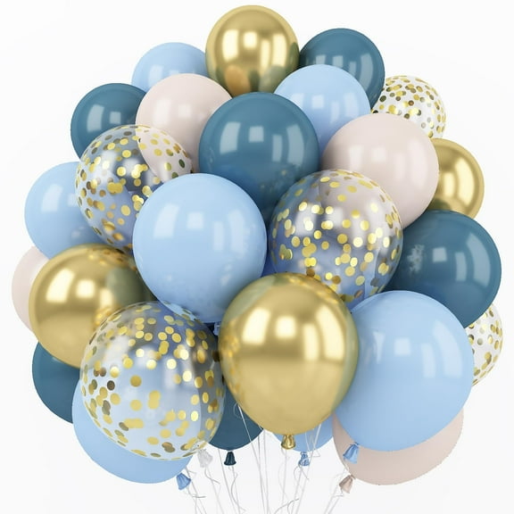 Dusty Blue Balloons, 60 Pcs 12 Inch Metallic Gold Sand White Balloons Pastel Light Blue Ocean Blue Confetti Balloons for Bridal Baby Shower Wedding Birthday Graduation Party Decorations