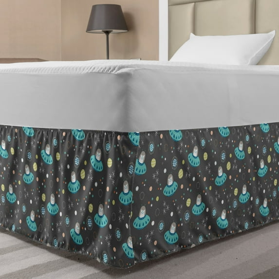 Dusty Blue Bed Skirt, Space Cat Astronauts and Solar System Elements Funky Toddler Pattern, Elastic Bedskirt Dust Ruffle Wrap Around for Bedding Decor, 4 Sizes, Grey and Multicolor, by Ambesonne