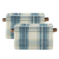 Dusty Blue and Beige Check Foldable Storage Basket,Canvas Fabric Foldable Storage Bins with Handles Open Home Storage Bins Boxes for Toy Book Shelf Closet Baskets