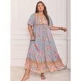 thumbnail image 1 of Dusty Blue Bohemian Plus Size Floral V-Neck Loose Maxi Dress For Summer Beach Holiday Party, 1 of 8