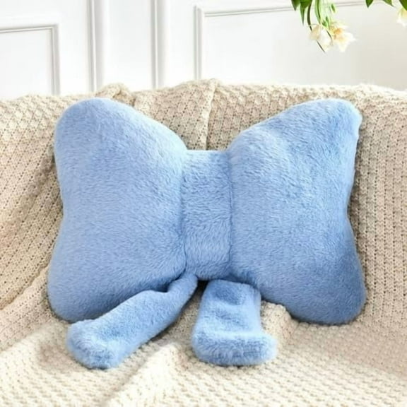 Dusty Blue Bow Pillow, Soft Bow Decorative Pillows with Faux Rabbit Fur, Cute 16" Bow Throw Pillows, Aesthetic Home Decor Bow Shaped Plush Pillow for Bedroom Sofa Couch