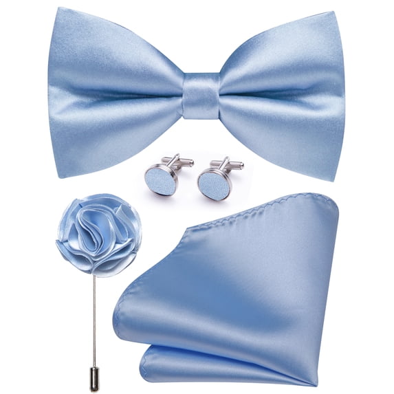 Dusty Blue Bow Ties for Men Pre-tied Silk Bowtie and Pocket Square Cufflinks Lapel Pin Set Tuxedo Wedding Party 4PCS