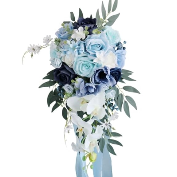 Dusty Blue Cascading Wedding Bouquet Waterfall Bridal Bouquet Silk Teardrop Rose Bouquet with Orchid Flowers for Wedding Anniversary Ceremony Party Church Decor