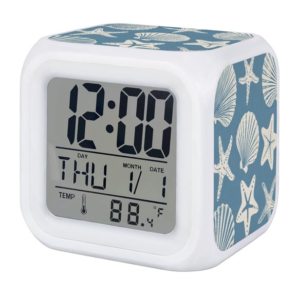 Dusty Blue Coastal Starfish Digital Alarm Clock for Bedrooms,Smart LED Alarm Clock with 7 Color Changing Night Light,Ocean Sea Shells Nautical Marine Silent Wake Up Clocks for Sleep Study 3.2"x3.2"