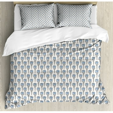 Dusty Blue Duvet Cover Set, Vintage Hand Drawn Protea Flowers Nature Theme, Decorative 3 Piece Bedding Set with 2 Pillow Shams, Calking Size, Ivory Blue Grey, by Ambesonne
