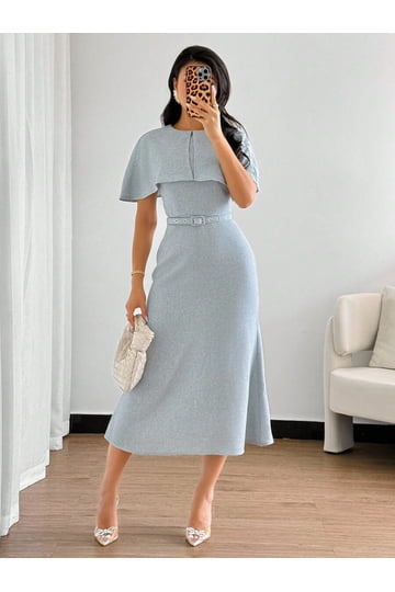 dusty blue dress Modest Dusty Blue Bridesmaid Dresses Tea-Length Short Sleeves Ruffles main image 1