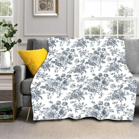 Dusty Blue Floral Blanket 60"x50" Dusty Blue and White Vintage Flower Pattern Design Print Throw Blanket Lightweight Warm Soft Blanket Farmhouse Seasonal Decor for Home Living Room Sofa Couch Bed