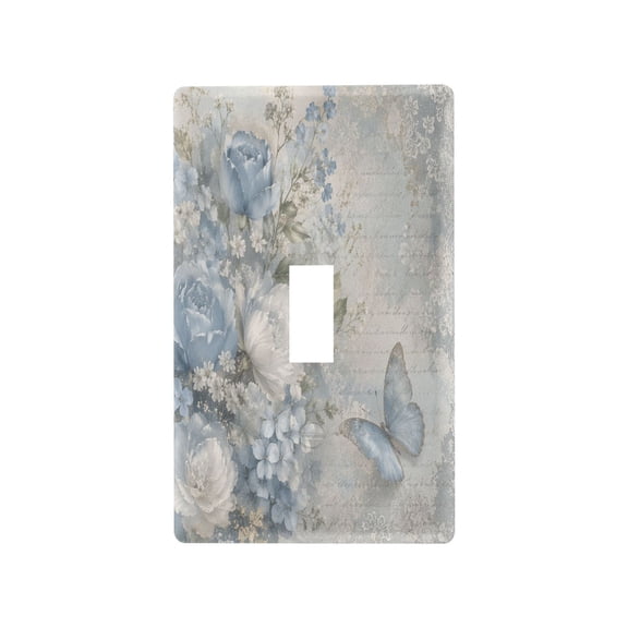 Dusty Blue Floral Butterfly Pattern Decorative Wall Plate, Flame Retardant PC Plastic Light Switch & Outlet Cover with Mounting Screws Fits Toggle Switch