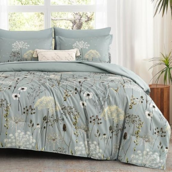 Dusty Blue Floral Comforter Set King Size 7 Piece Dandelion Botanical Comforter Bedding Set Bed in a Bag King Soft Microfiber Complete Bedding Set with Sheets for All Season