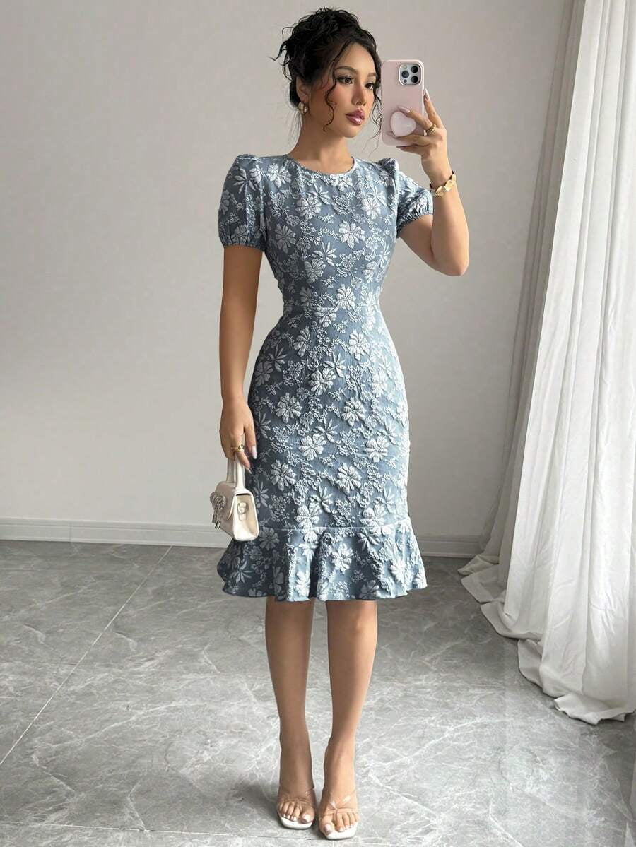 dusty blue lace ruffle detail midi dress Floral Embroidered Puff Sleeve Hem Fit & Flare Lace mini dress