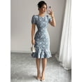 thumbnail image 1 of Dusty Blue Floral Embroidered Puff Sleeve Ruffle Hem Midi Fit & Flare Dress, 1 of 30