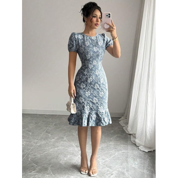 Dusty Blue Floral Embroidered Puff Sleeve Ruffle Hem Midi Fit & Flare Dress