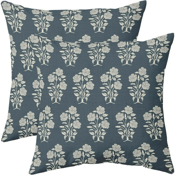 Dusty Blue Floral Pillow Covers 18x18 Set of 2 Block Print Cream Vintage Flower Leaves Chinoiserie Outdoor Decorative Throw Pillows Farmhouse Pillowcases Cushion Case Sofa Couch Bed Home Decor