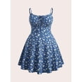 thumbnail image 1 of Dusty Blue Floral Print Fit & Flare Mini Dress With Spaghetti Straps And Tie Front, 1 of 5