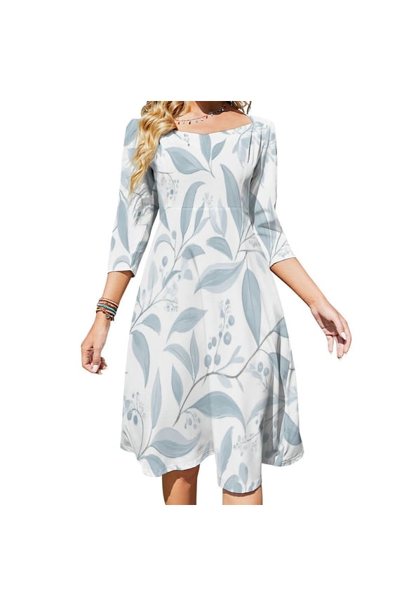 Dusty Blue Floral Seamless Pattern Womens Summer Dress Tie Back A Line Flare Dress